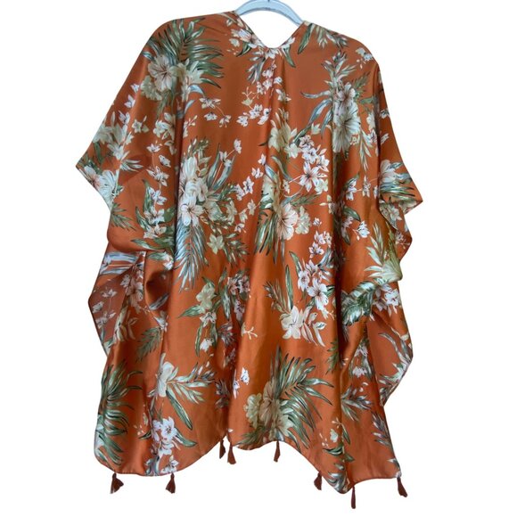Tropical Floral Kimono Cover Up Orange With Tassels One Size Beach Wrap Bohemian - Picture 2 of 5